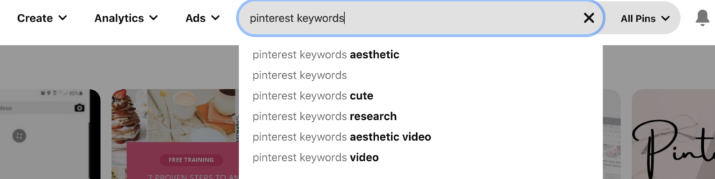screenshot of search bar of Pinterest to show the drop down list of keywords